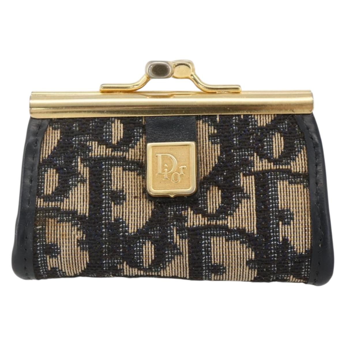 Christian Dior Trotter Canvas Coin Purse Navy Gold Auth BA11901
