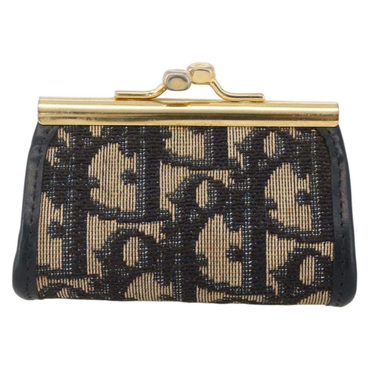 Christian Dior Trotter Canvas Coin Purse Navy Gold Auth BA11901