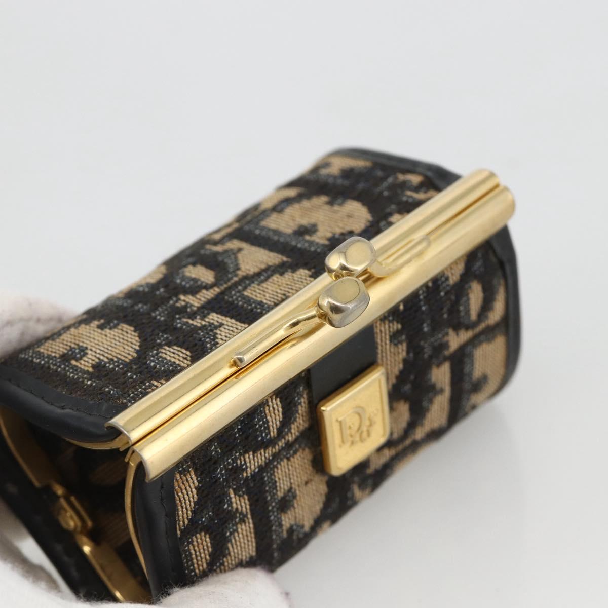 Christian Dior Trotter Canvas Coin Purse Navy Gold Auth BA11901