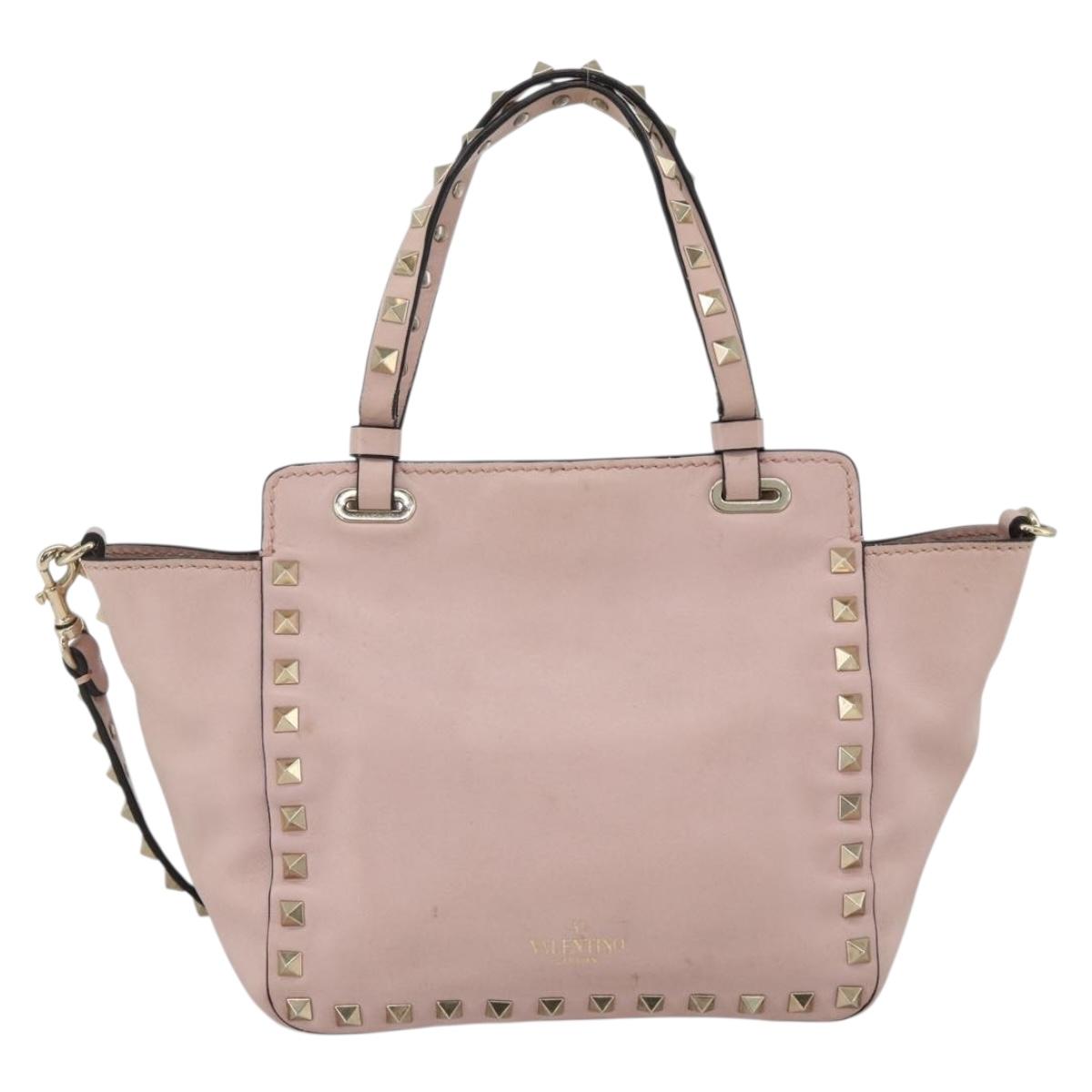 VALENTINO Rock Studs Hand Bag Leather 2way Pink Gold Auth BA11911A