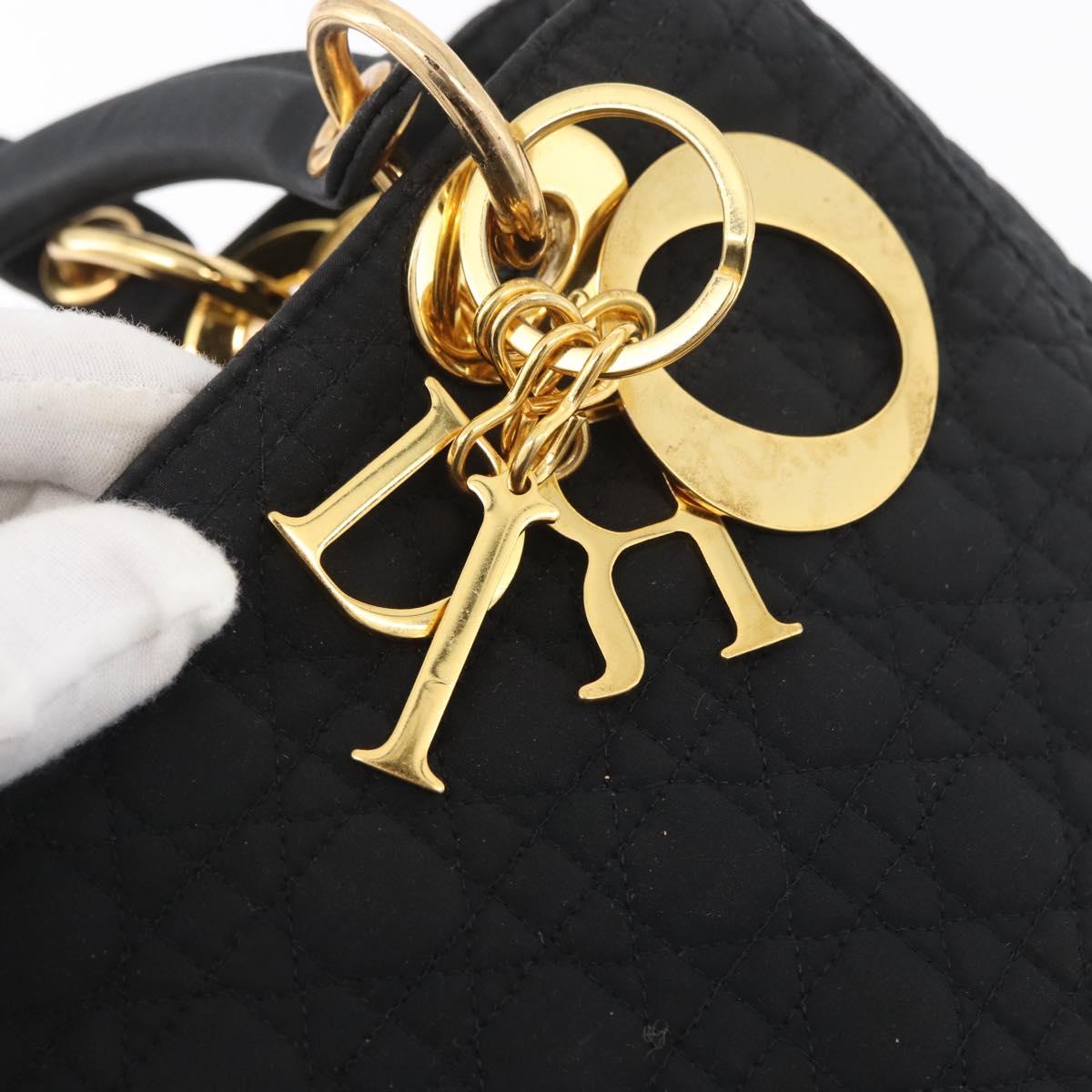 Christian Dior Lady Dior Canage Hand Bag Nylon Black Gold Auth BA11915