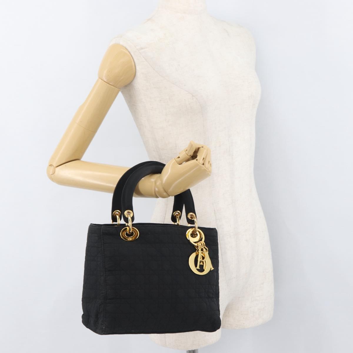 Christian Dior Lady Dior Canage Hand Bag Nylon Black Gold Auth BA11915