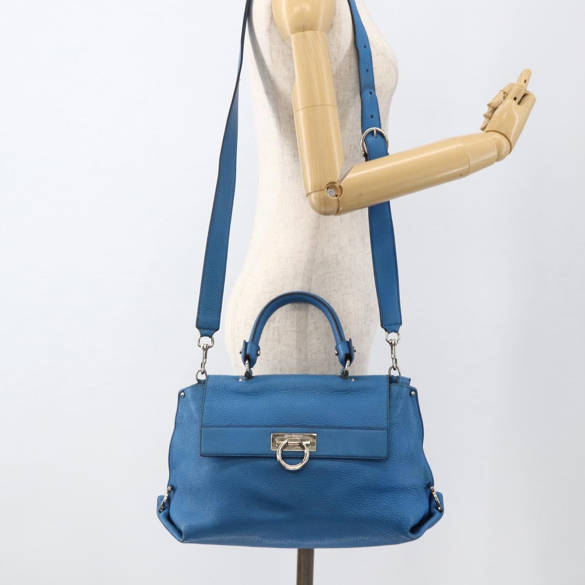 Salvatore Ferragamo Gancini Sofia Hand Bag Leather 2way Blue Silver Auth BA11921