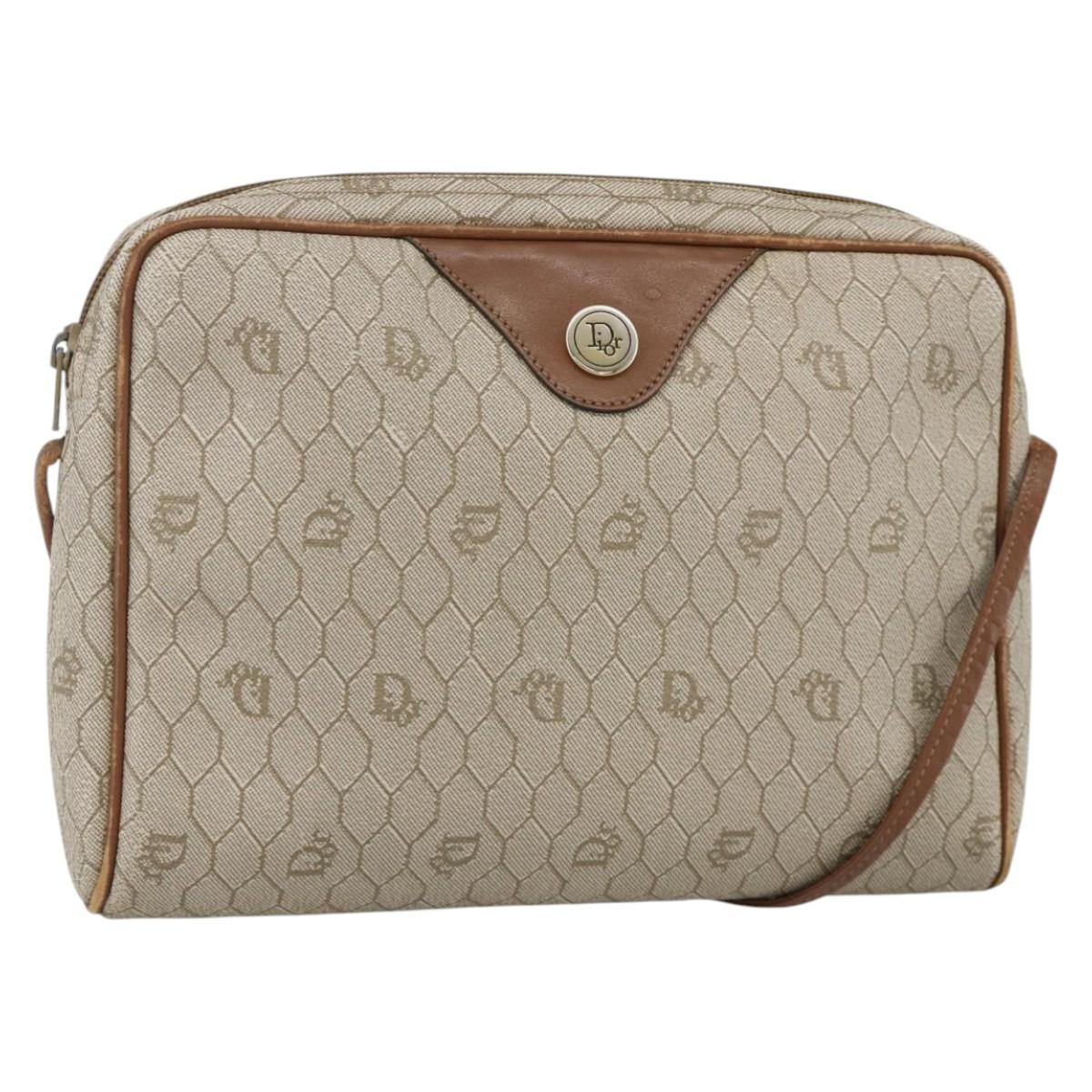 Christian Dior Honeycomb Canvas Shoulder Bag PVC Beige Gold Auth BA11969