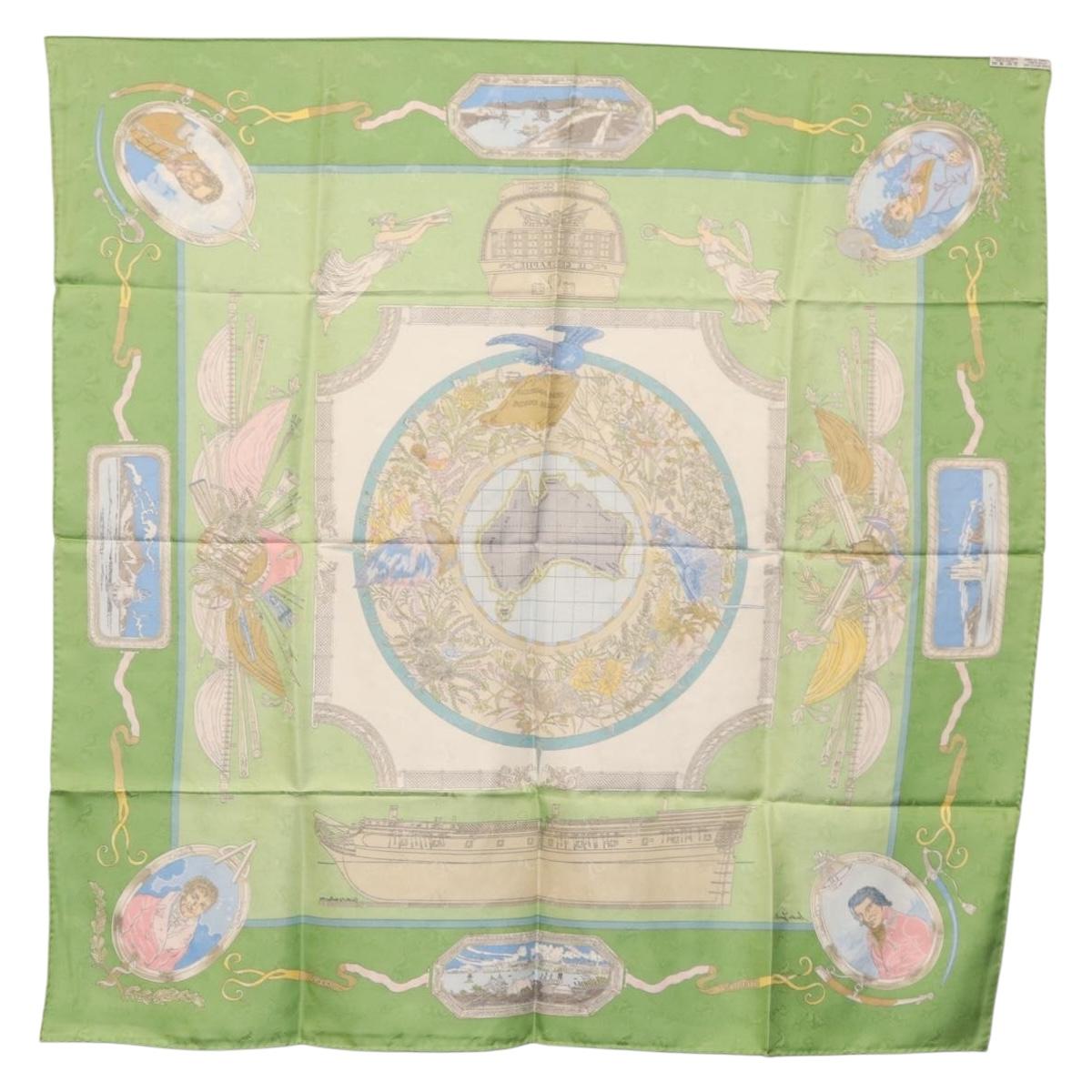 HERMES Carre 90 Scarf ""Orbis Australis"" Silk Green Auth BA12023A