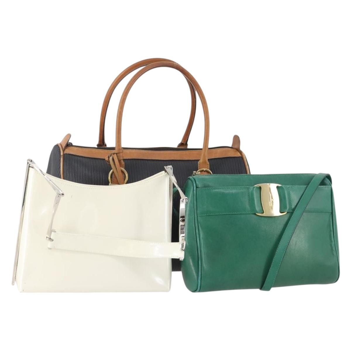 Salvatore Ferragamo Bag Patent leather 3 Set White Black Green Auth BA12027