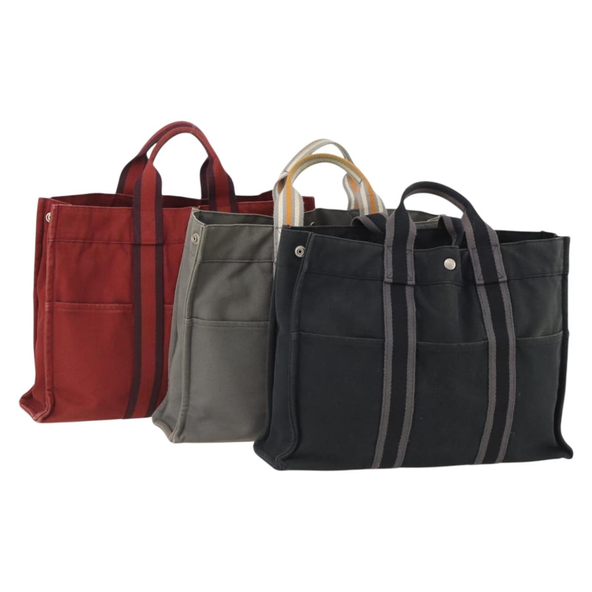 HERMES Fourre Tout MM Hand Bag Canvas 3 Set Red Black gray Auth BA12032