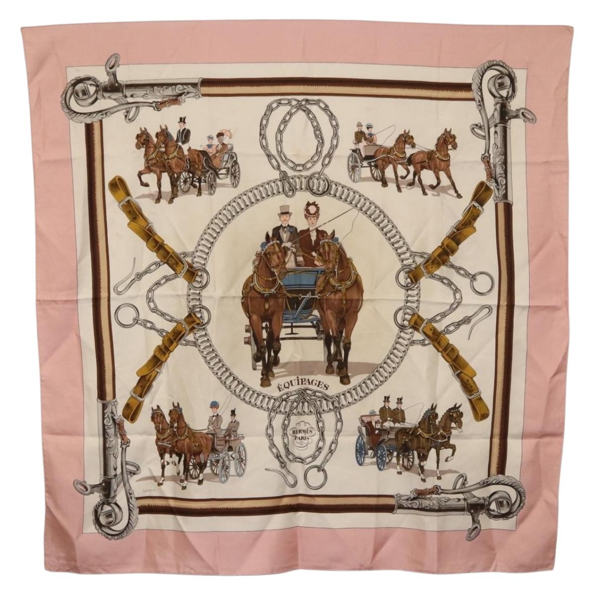HERMES Carre 90 Scarf ""EQUIPAGES"" Silk Pink Auth BA12063