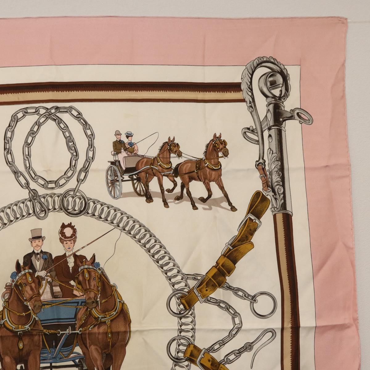 HERMES Carre 90 Scarf ""EQUIPAGES"" Silk Pink Auth BA12063
