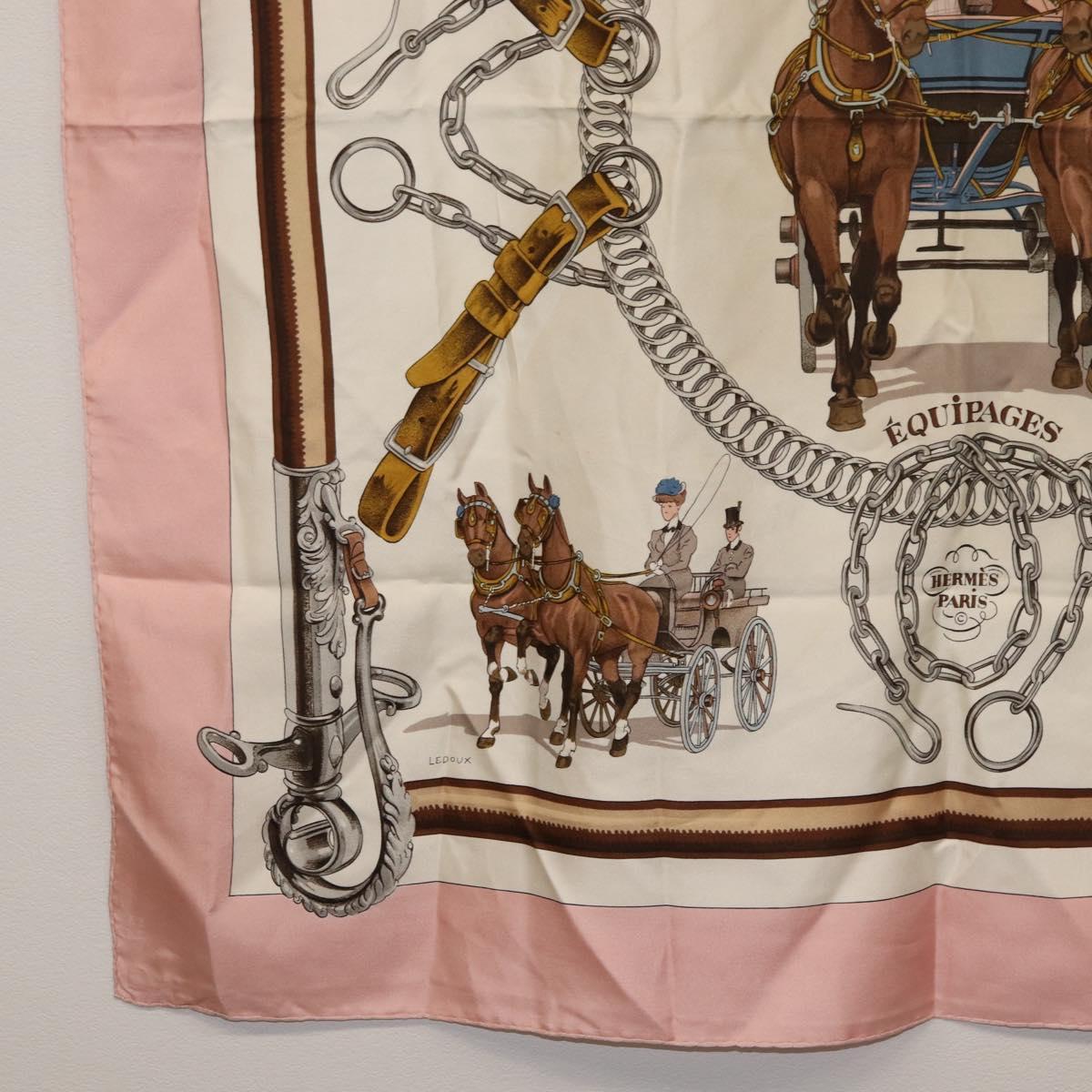 HERMES Carre 90 Scarf ""EQUIPAGES"" Silk Pink Auth BA12063