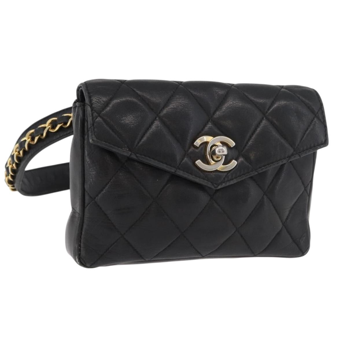 CHANEL Matelasse Chain Waist bag Lamb Skin Black Gold CC Auth BA12100