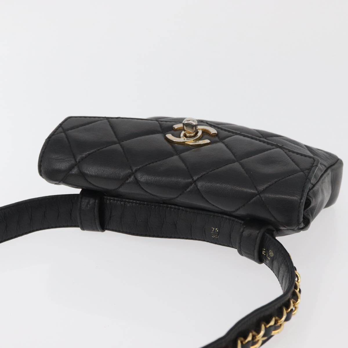 CHANEL Matelasse Chain Waist bag Lamb Skin Black Gold CC Auth BA12100