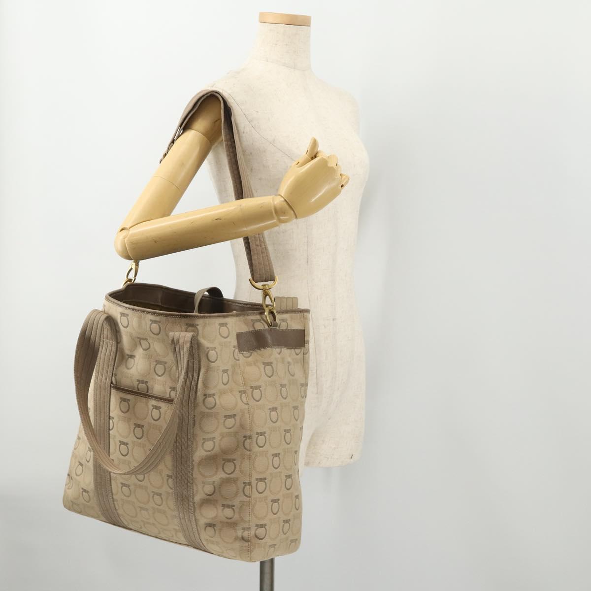 Salvatore Ferragamo Tote Bag Canvas 2way Beige Gold Auth BA12135