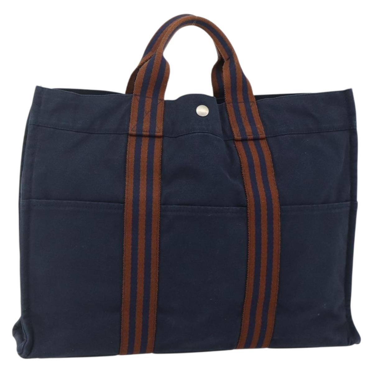 HERMES Fourre Tout MM Hand Bag Canvas Navy Silver Auth BA12161A