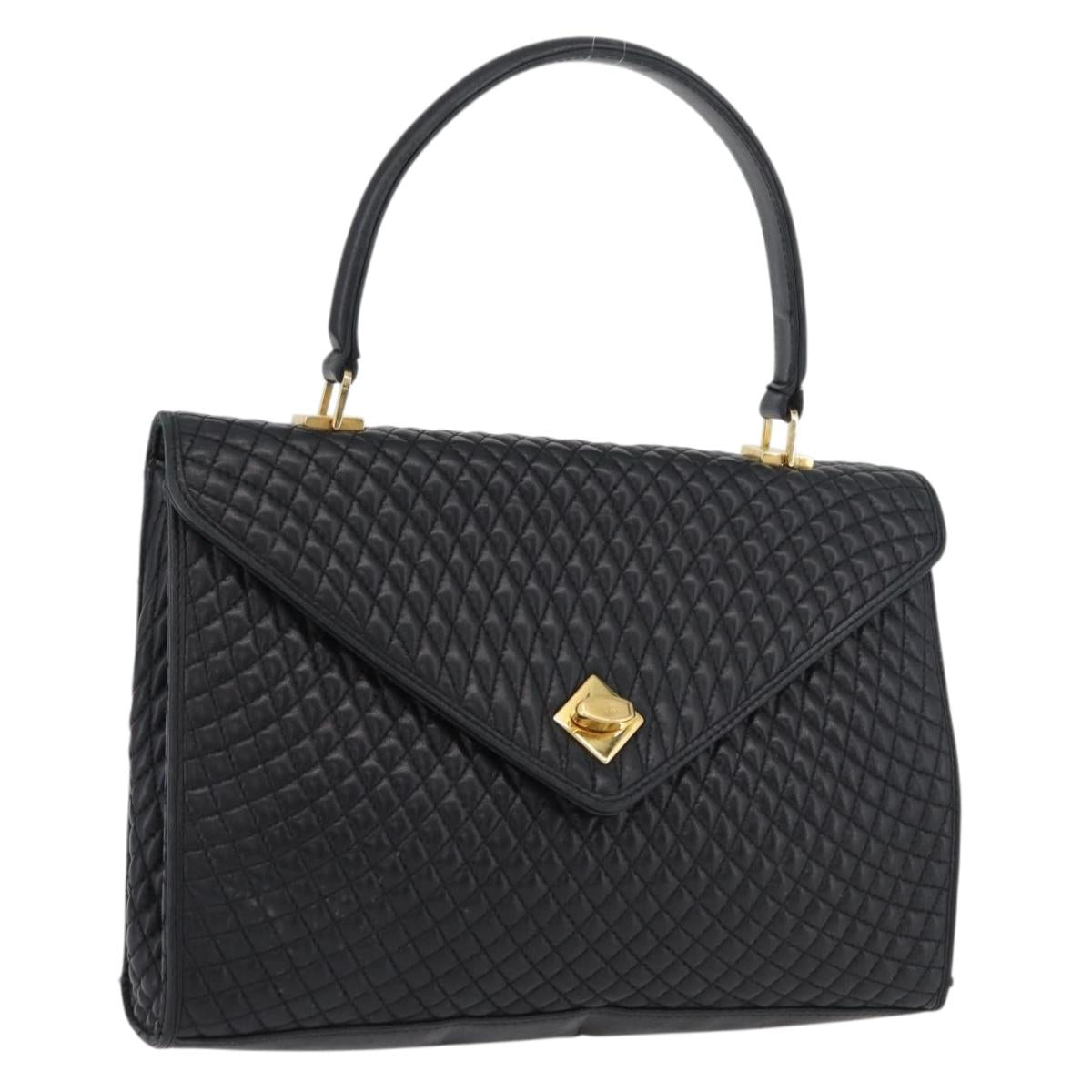 BALLY Quilted Hand Bag Leather Black Gold Auth BA12212A