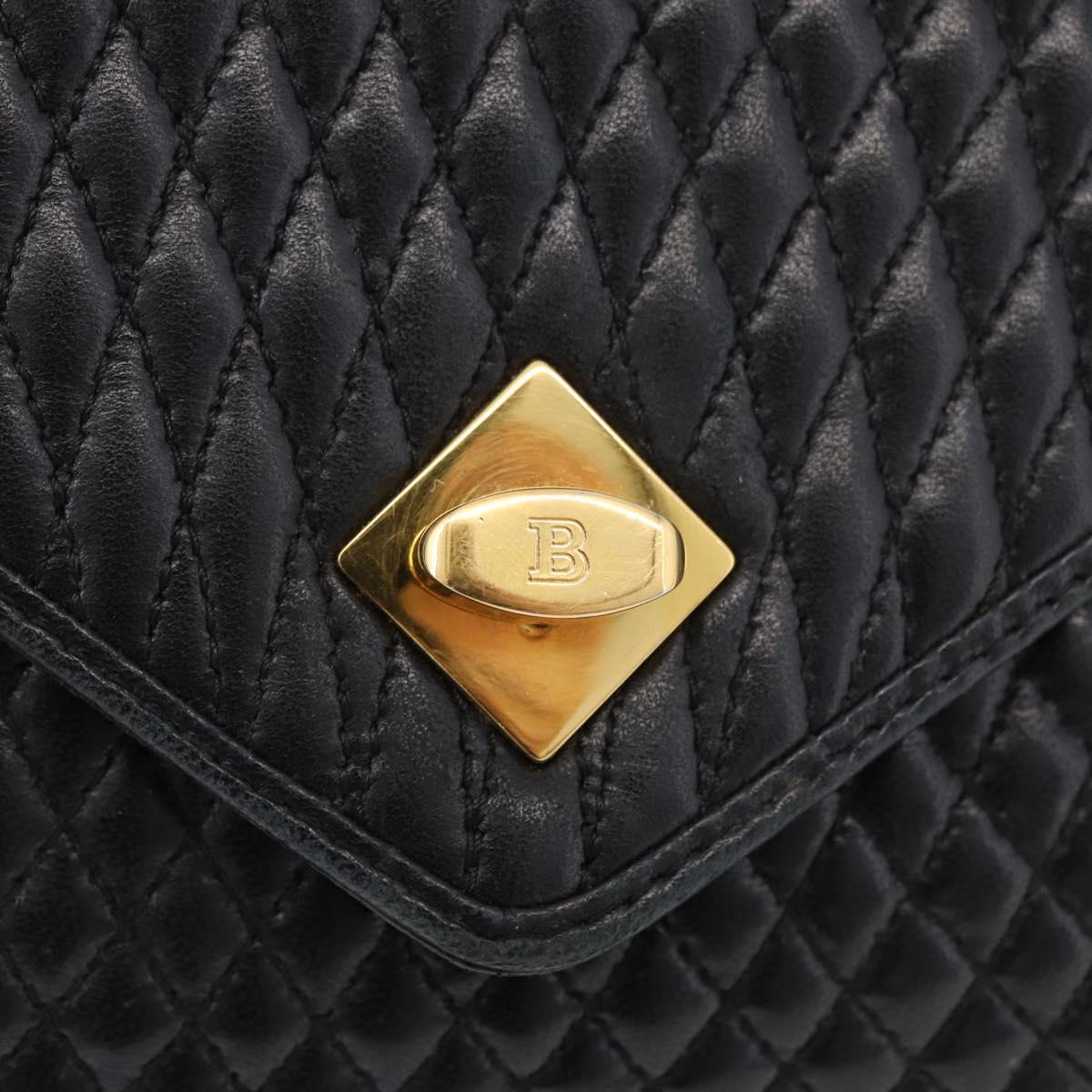 BALLY Quilted Hand Bag Leather Black Gold Auth BA12212A