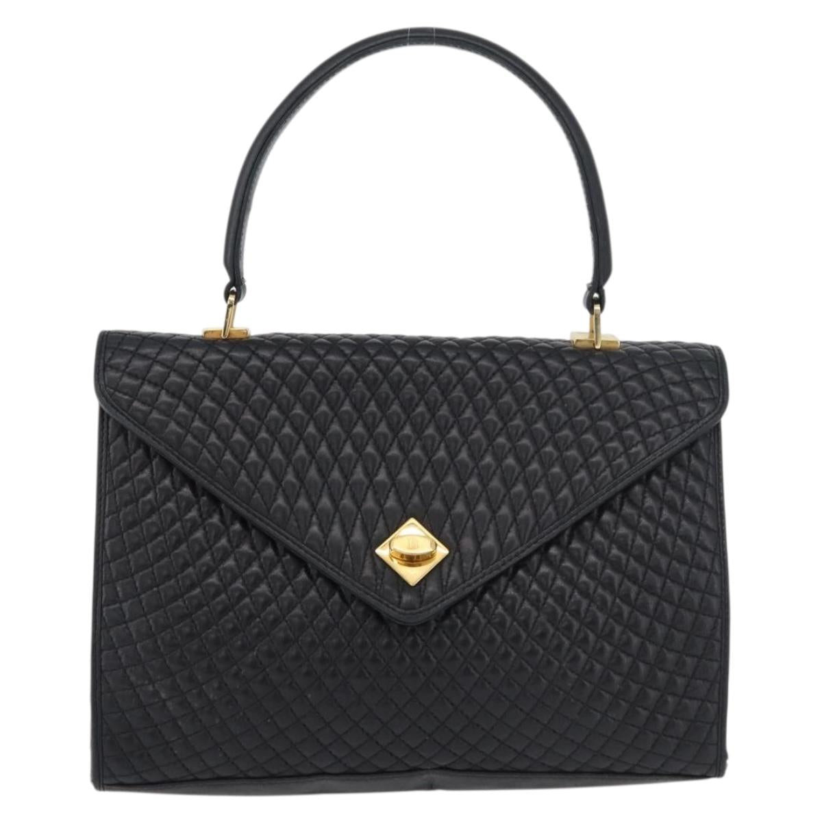 BALLY Quilted Hand Bag Leather Black Gold Auth BA12212A