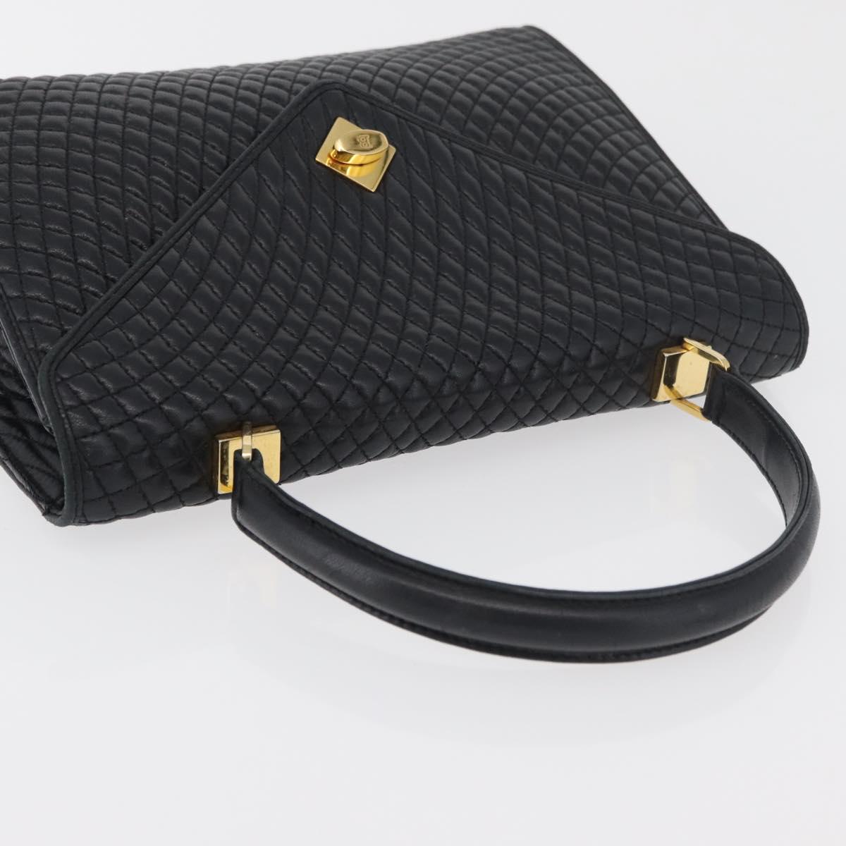 BALLY Quilted Hand Bag Leather Black Gold Auth BA12212A