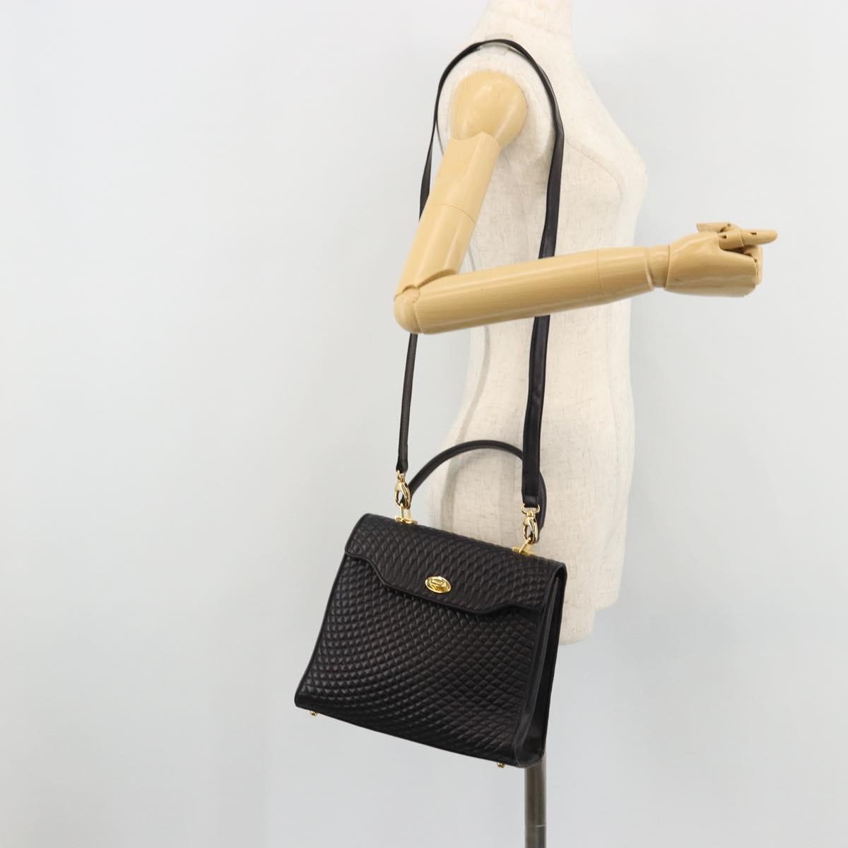 BALLY Quilted Hand Bag Leather 2way Black Gold Auth BA12213A