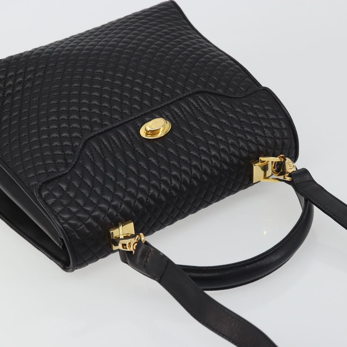 BALLY Quilted Hand Bag Leather 2way Black Gold Auth BA12213A