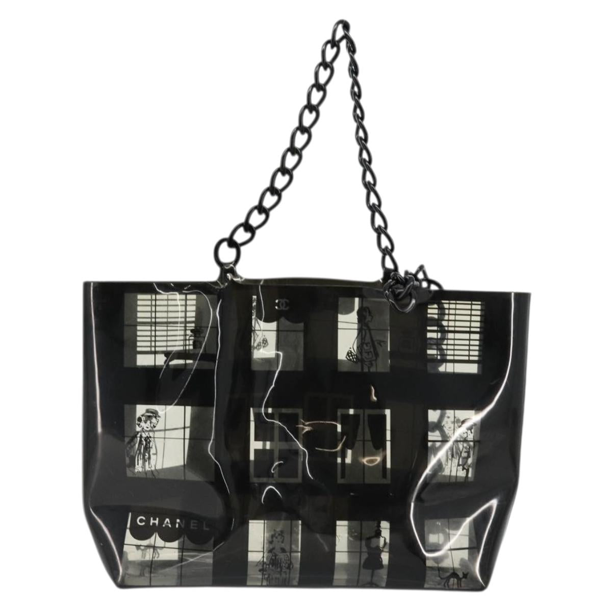 CHANEL Windows Line Chain Shoulder Tote Bag Vinyl Black Silver CC Auth BA12235