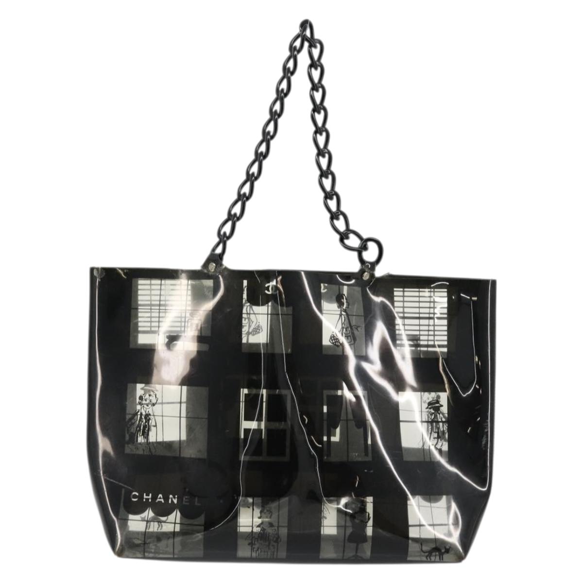 CHANEL Windows Line Chain Shoulder Tote Bag Vinyl Black Silver CC Auth BA12235