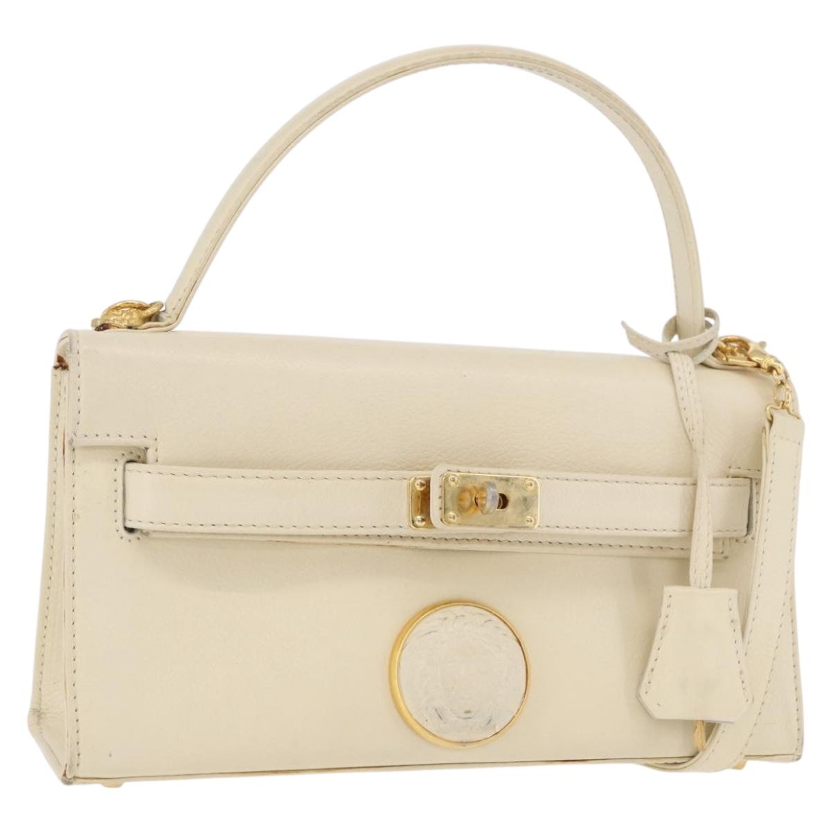 Gianni Versace Hand Bag Leather 2way White Gold Auth BA12237A
