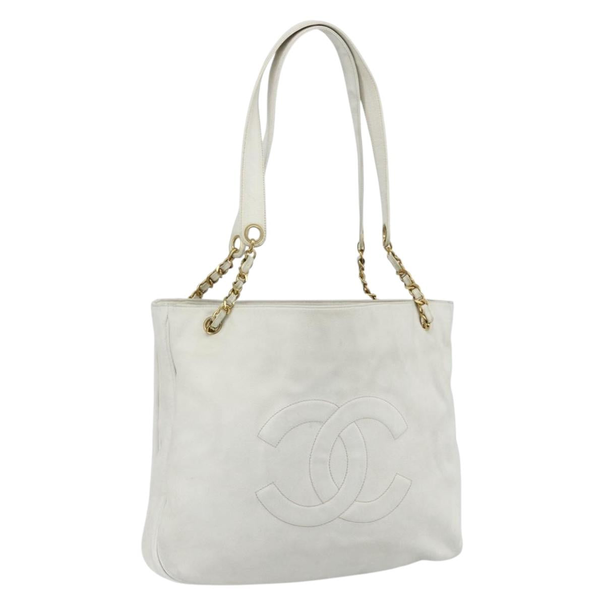 CHANEL Chain Shoulder Tote Bag Caviar Skin White Gold CC Auth BA12243