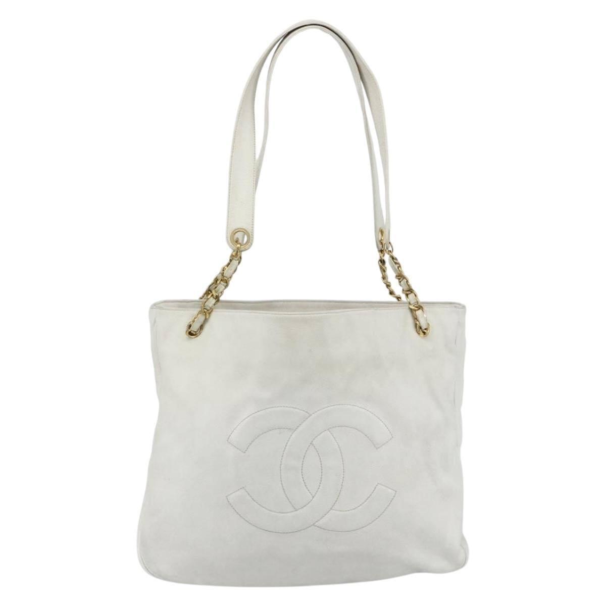 CHANEL Chain Shoulder Tote Bag Caviar Skin White Gold CC Auth BA12243