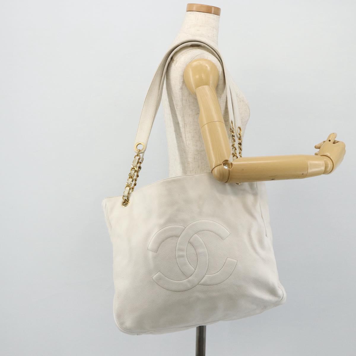 CHANEL Chain Shoulder Tote Bag Caviar Skin White Gold CC Auth BA12243