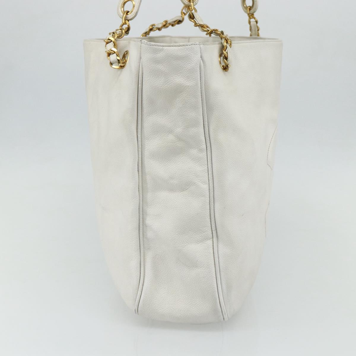 CHANEL Chain Shoulder Tote Bag Caviar Skin White Gold CC Auth BA12243