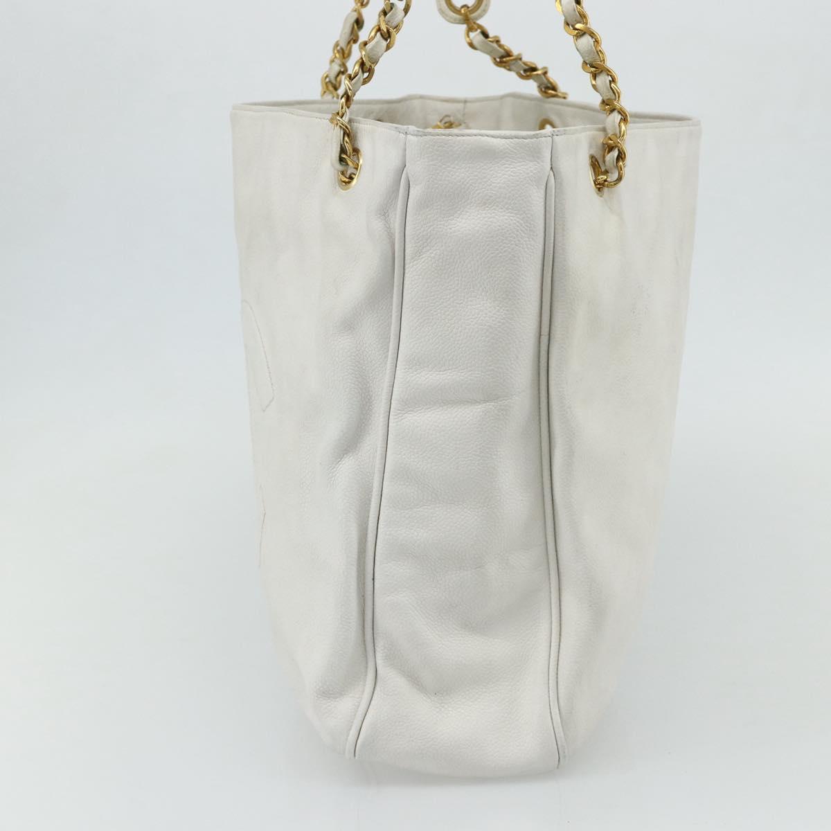 CHANEL Chain Shoulder Tote Bag Caviar Skin White Gold CC Auth BA12243