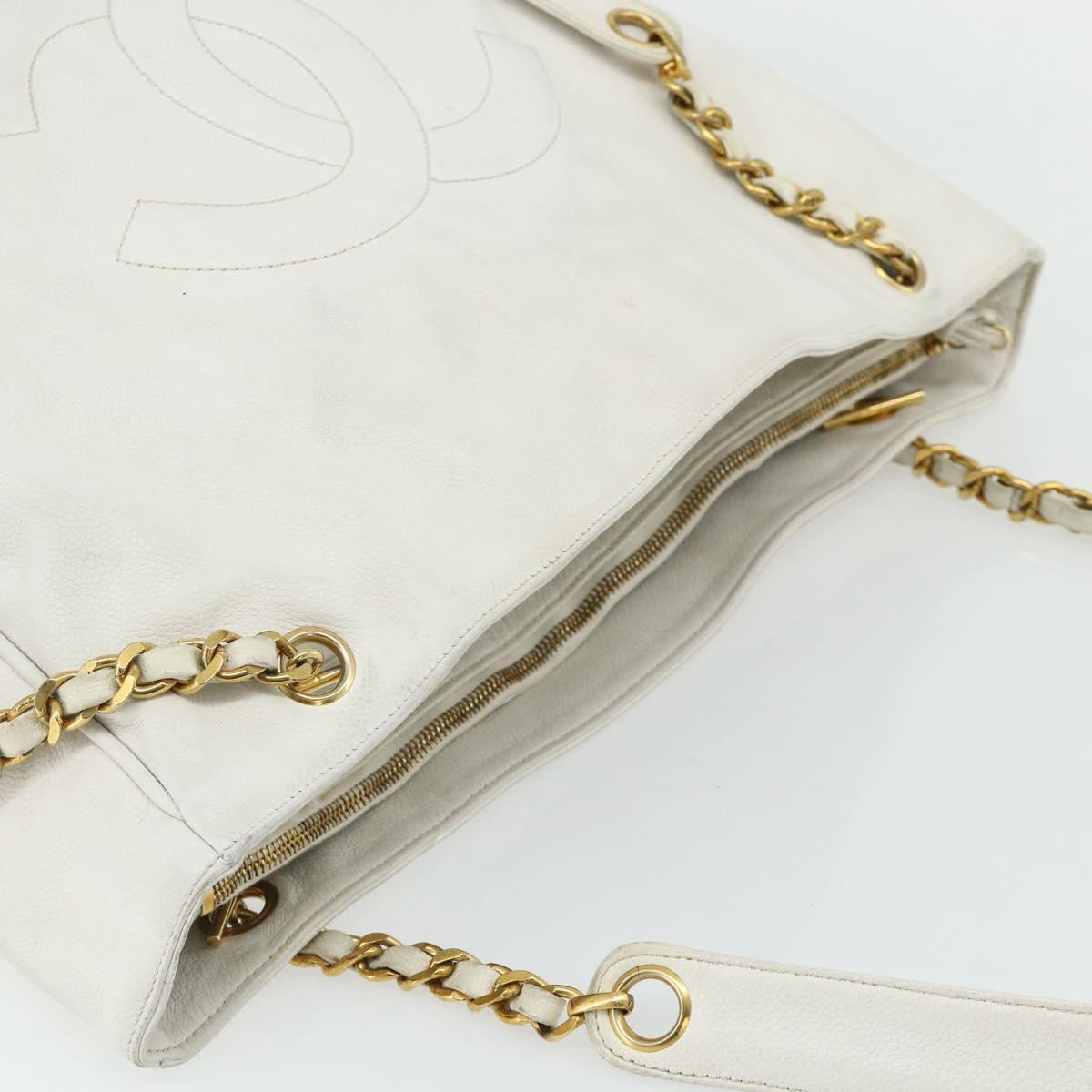 CHANEL Chain Shoulder Tote Bag Caviar Skin White Gold CC Auth BA12243