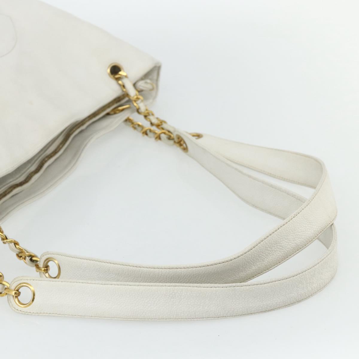 CHANEL Chain Shoulder Tote Bag Caviar Skin White Gold CC Auth BA12243
