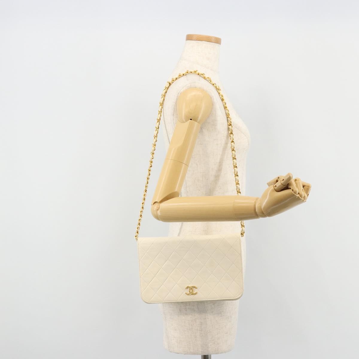 CHANEL Matelasse Chain Shoulder Bag Lamb Skin White Gold CC Auth BA12264