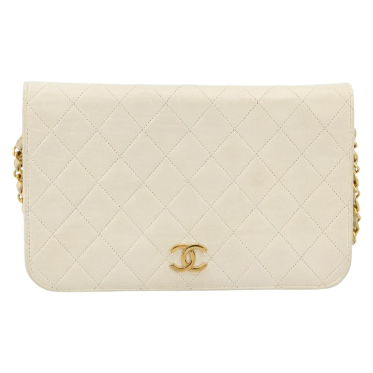 CHANEL Matelasse Chain Shoulder Bag Lamb Skin White Gold CC Auth BA12264