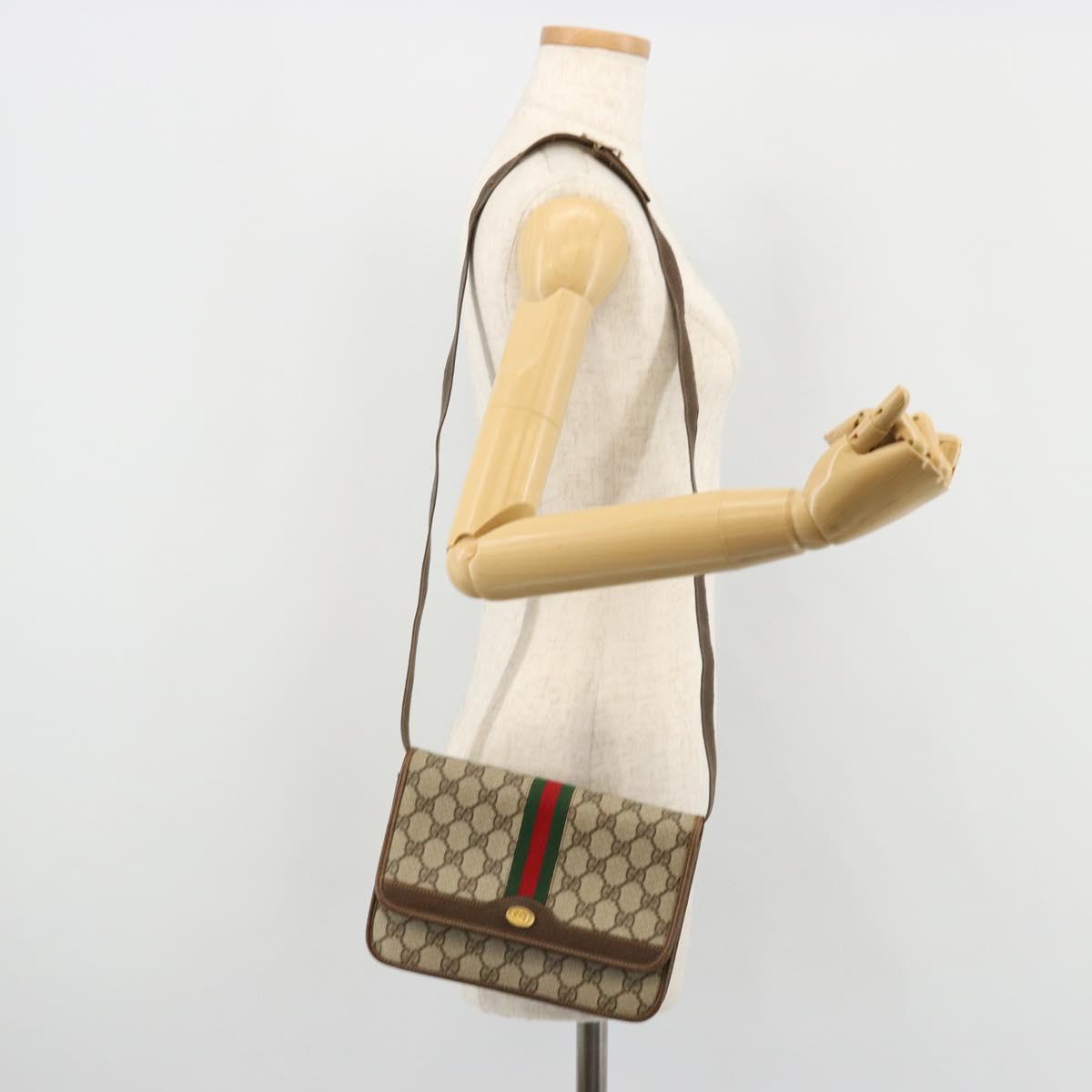 GUCCI GG Supreme Web Sherry Line Shoulder Bag PVC Beige Gold Auth BA12265