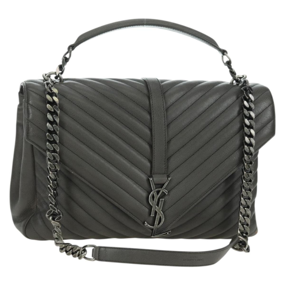 SAINT LAURENT Chain Shoulder Bag Leather Gray Silver Auth BA12267SAV