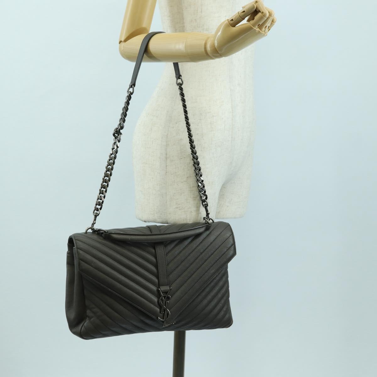 SAINT LAURENT Chain Shoulder Bag Leather Gray Silver Auth BA12267SAV