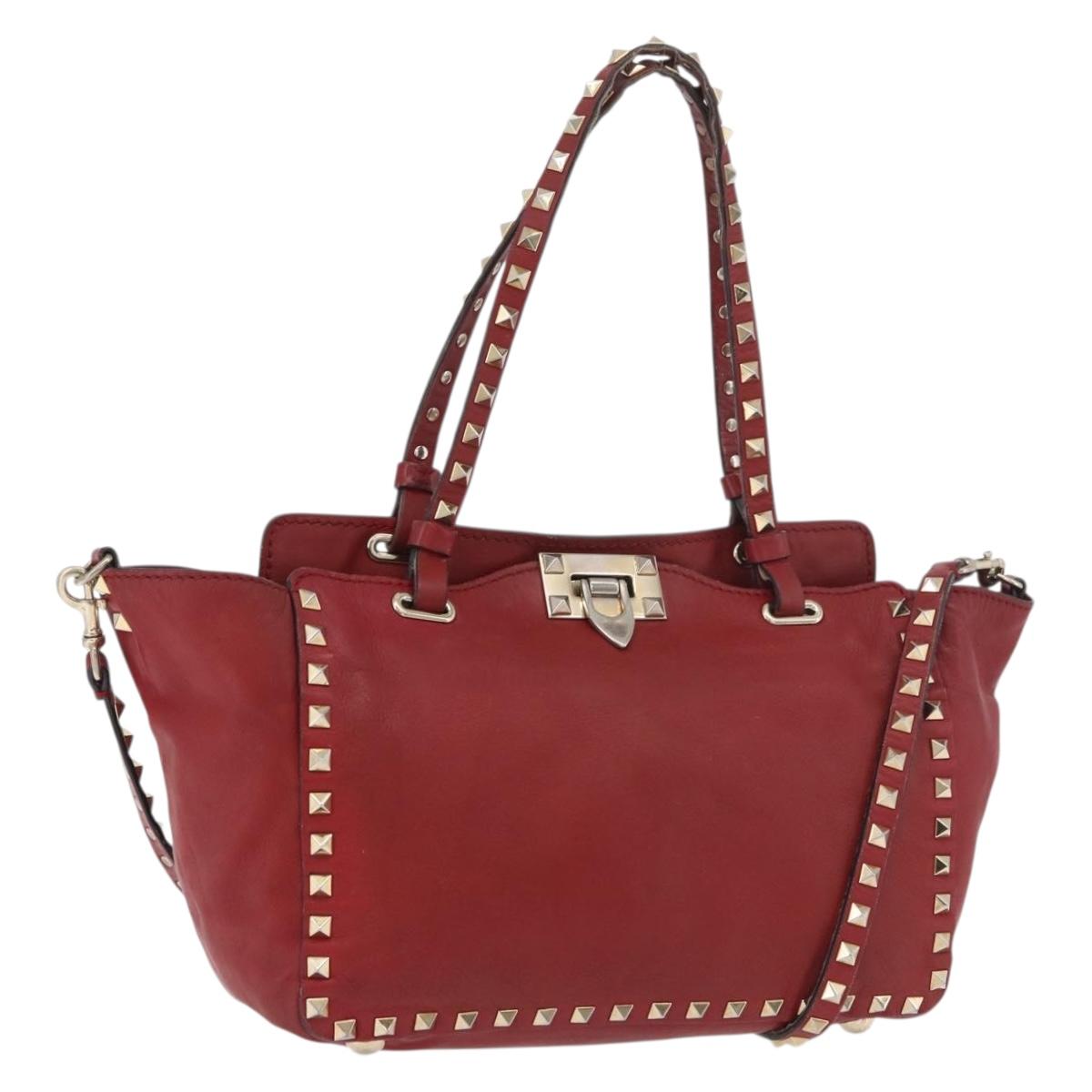 VALENTINO Rock Studs Hand Bag Leather 2way Red Gold Auth BA12287