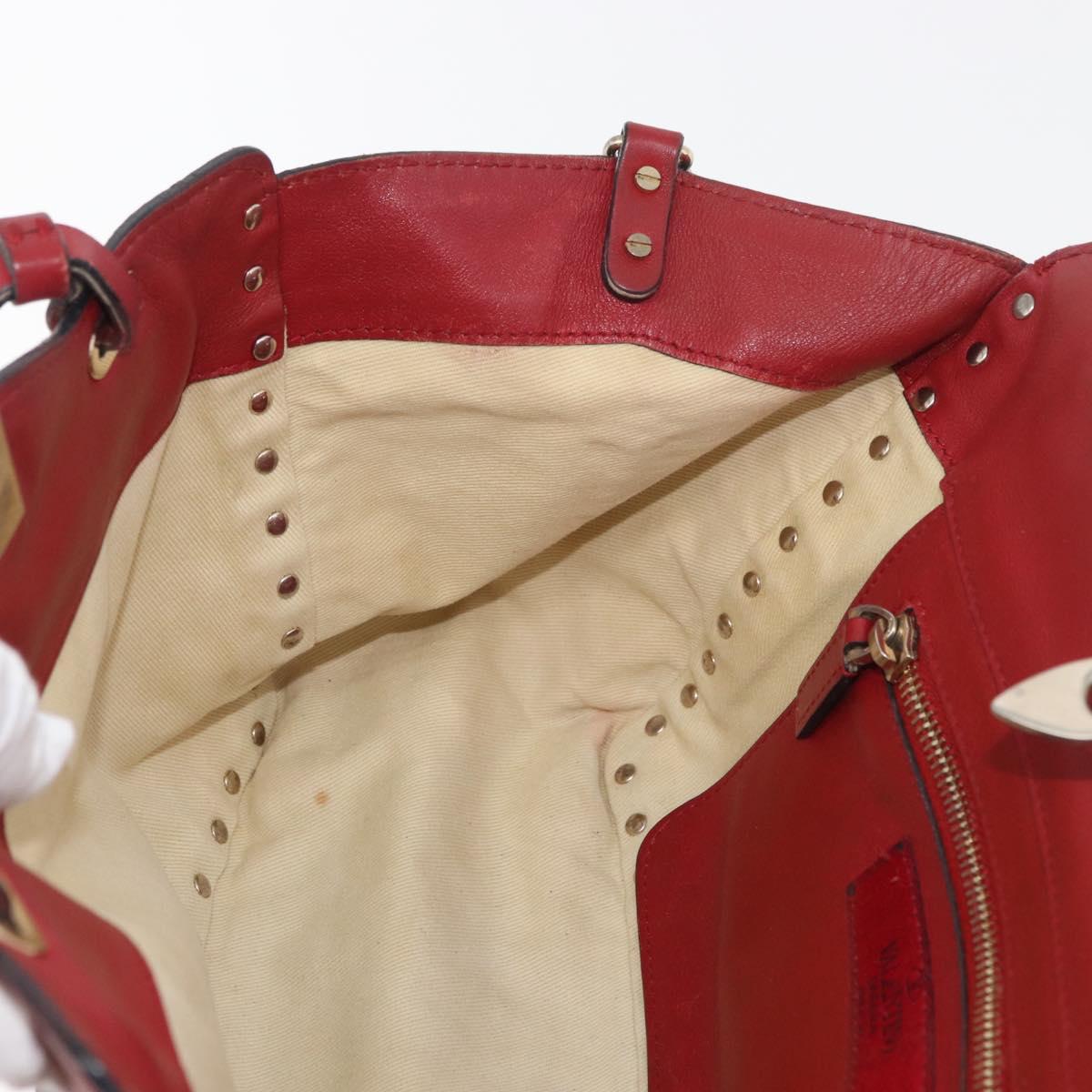 VALENTINO Rock Studs Hand Bag Leather 2way Red Gold Auth BA12287