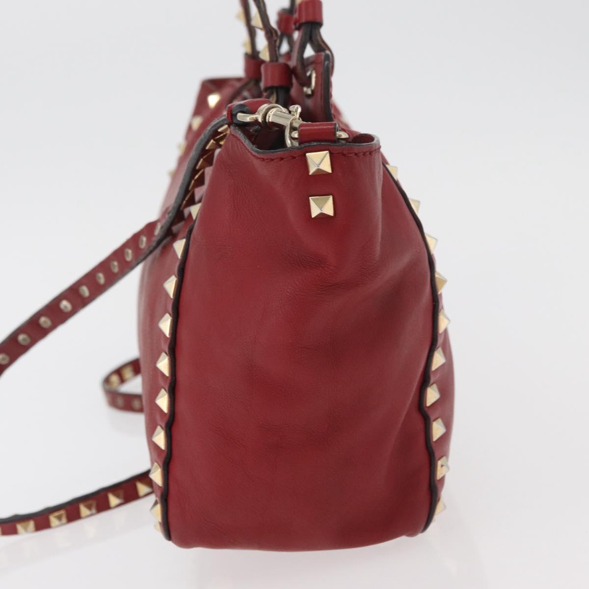 VALENTINO Rock Studs Hand Bag Leather 2way Red Gold Auth BA12287