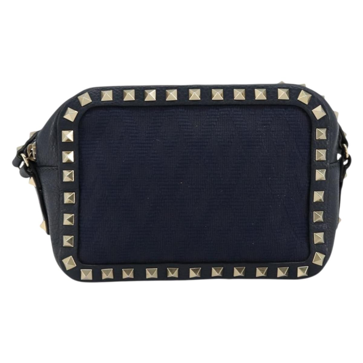VALENTINO Rock Studs Shoulder Bag Leather Navy Gold Auth BA12296A