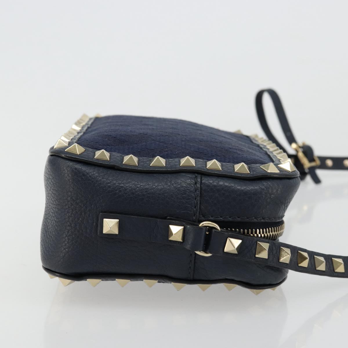 VALENTINO Rock Studs Shoulder Bag Leather Navy Gold Auth BA12296A