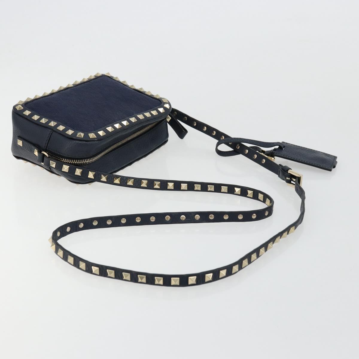 VALENTINO Rock Studs Shoulder Bag Leather Navy Gold Auth BA12296A
