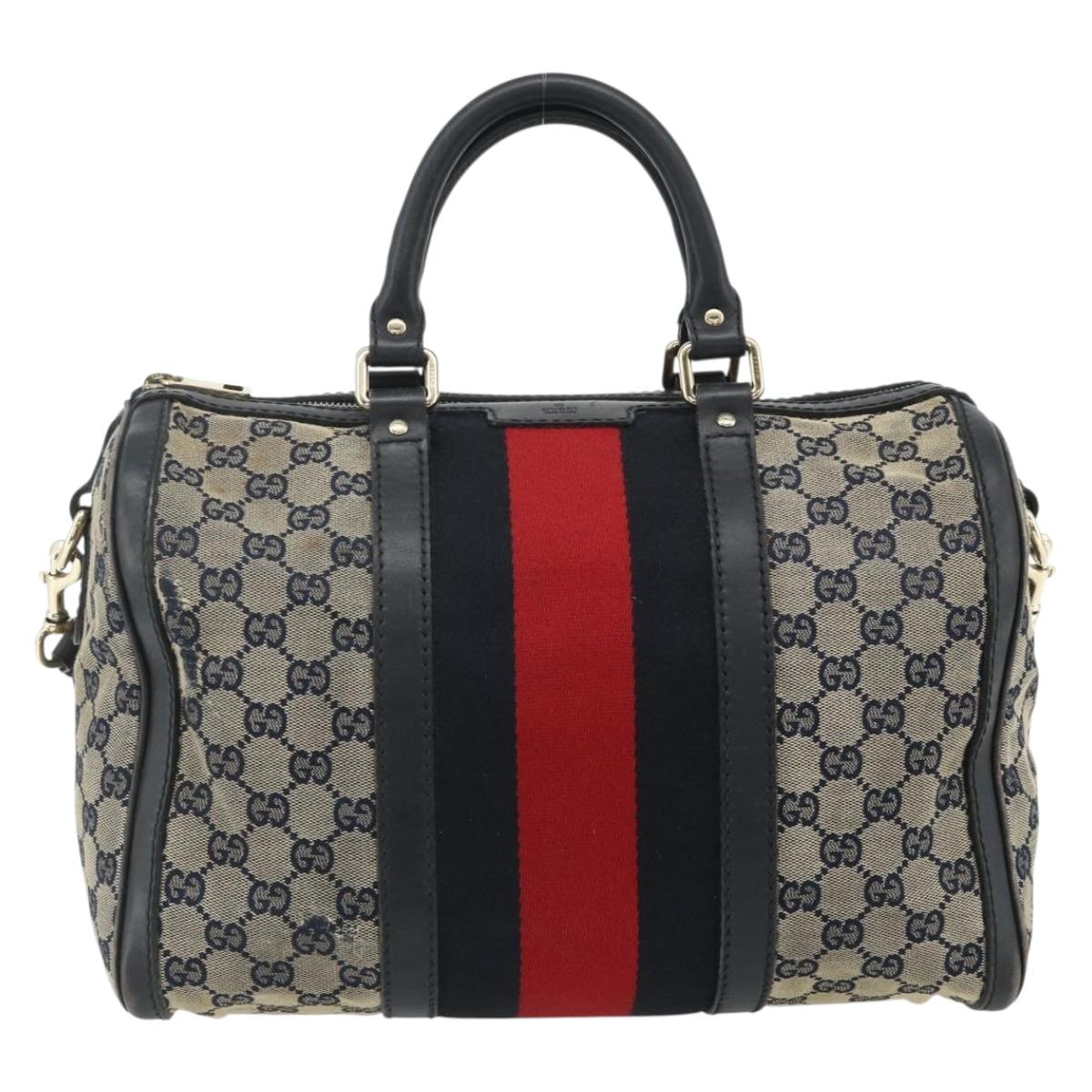 GUCCI GG Canvas Sherry Line Boston Bag 2way Navy Gold 247205 Auth BA12305