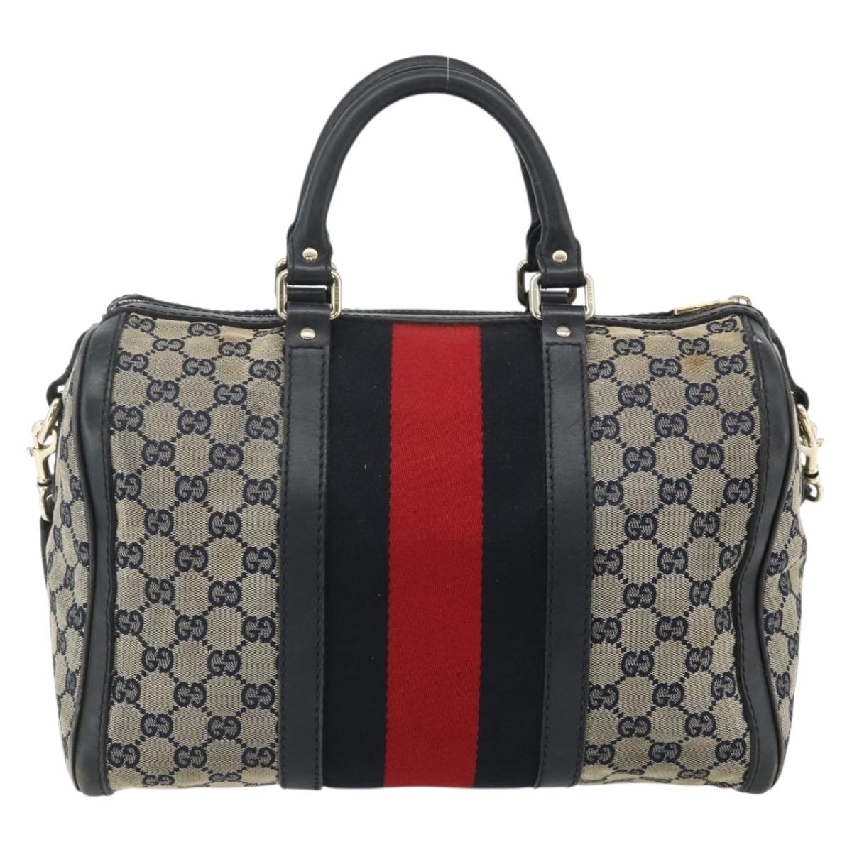 GUCCI GG Canvas Sherry Line Boston Bag 2way Navy Gold 247205 Auth BA12305
