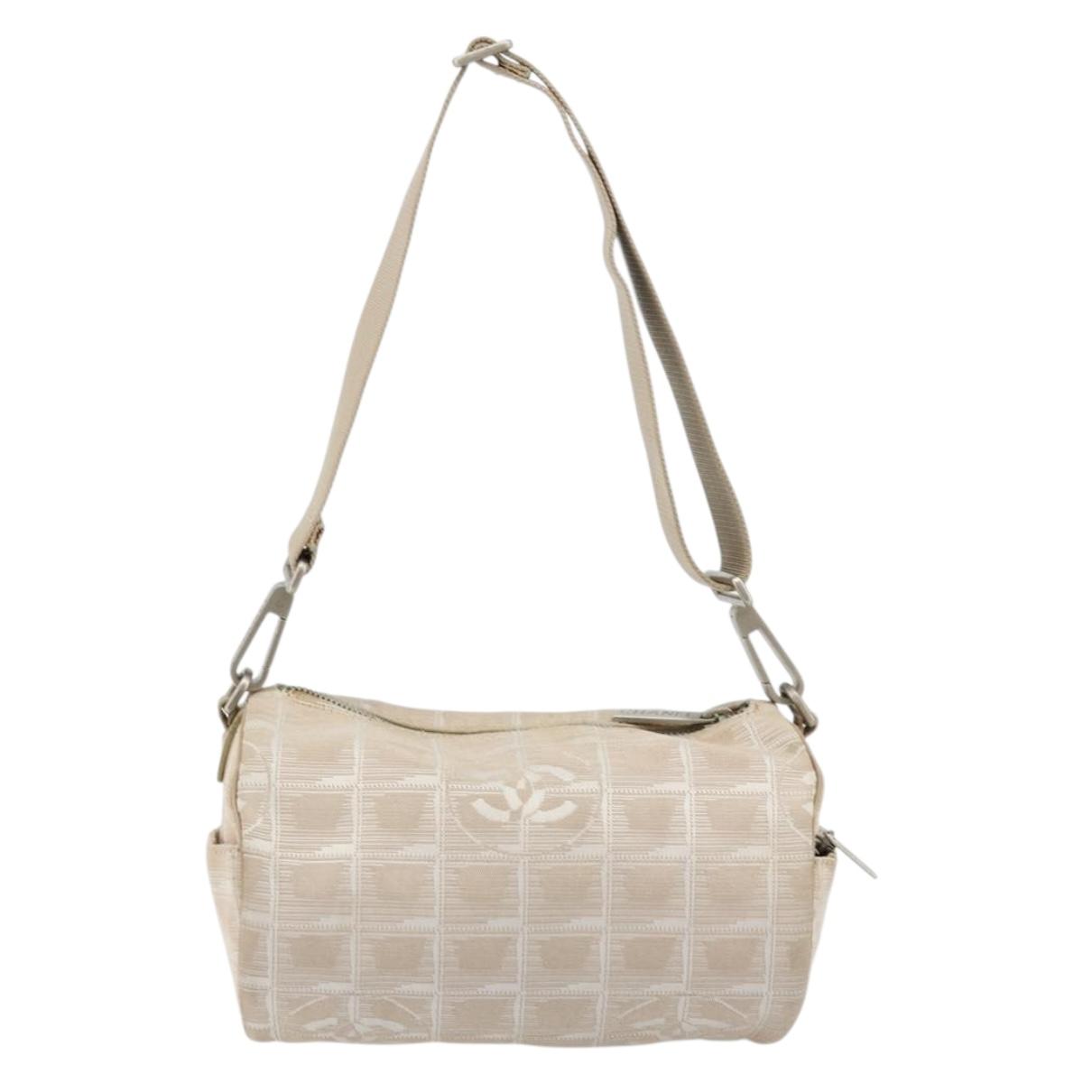 CHANEL New Travel Line Shoulder Bag Nylon Beige Silver CC Auth BA12317