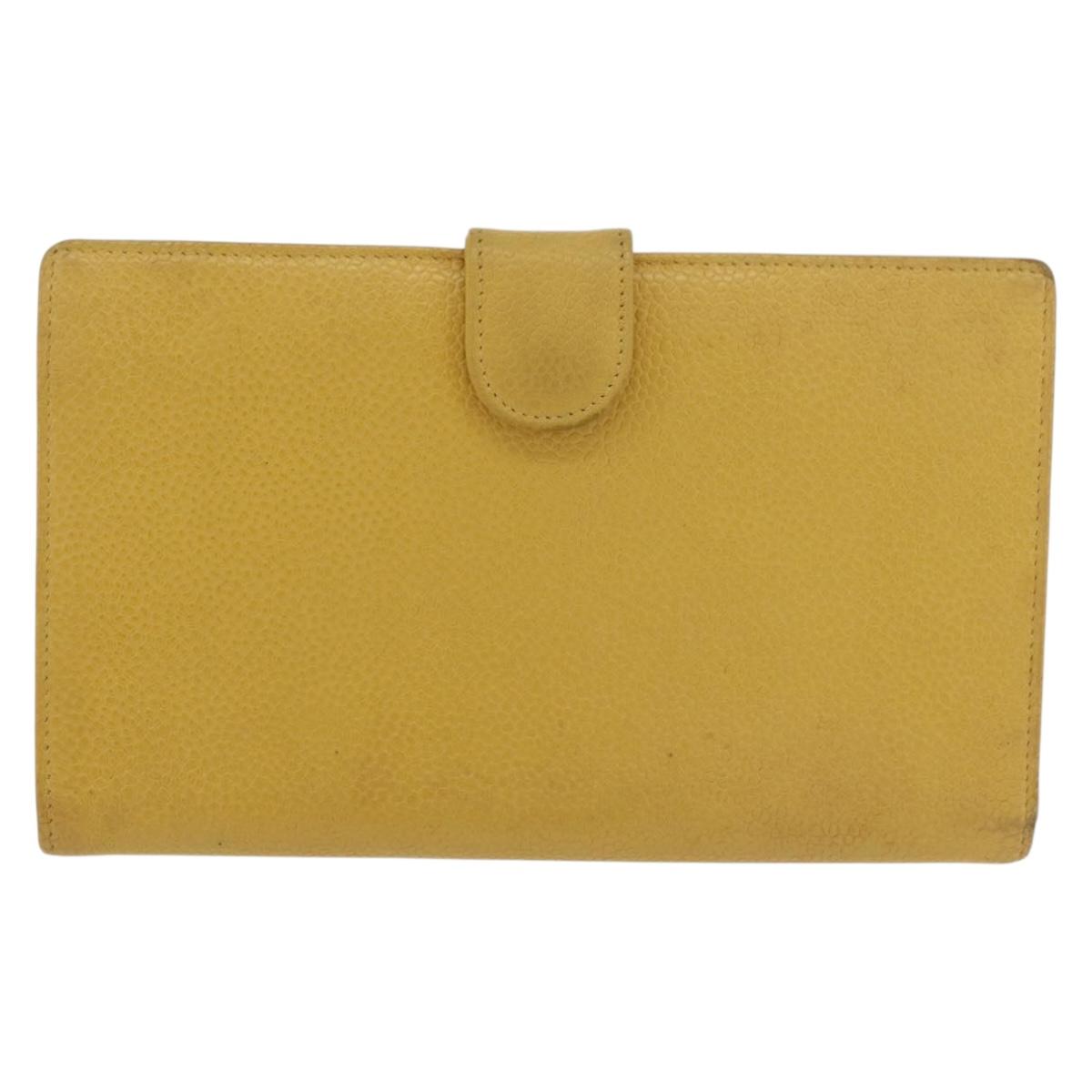 CHANEL COCO Mark Long Wallet Caviar Skin Yellow Gold CC Auth BA12318