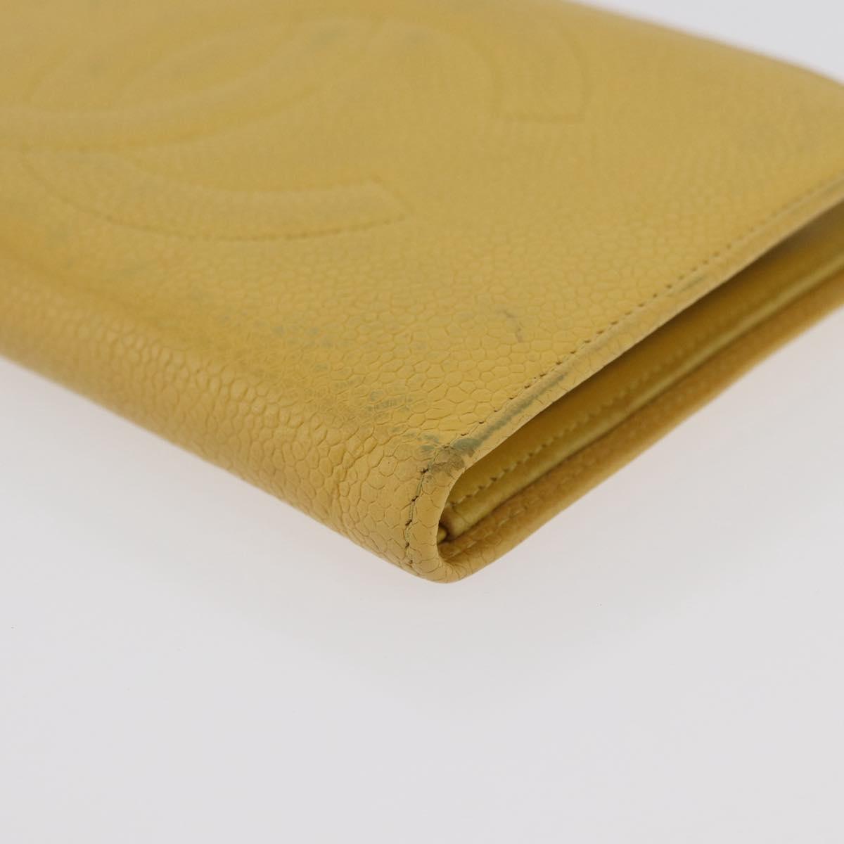 CHANEL COCO Mark Long Wallet Caviar Skin Yellow Gold CC Auth BA12318